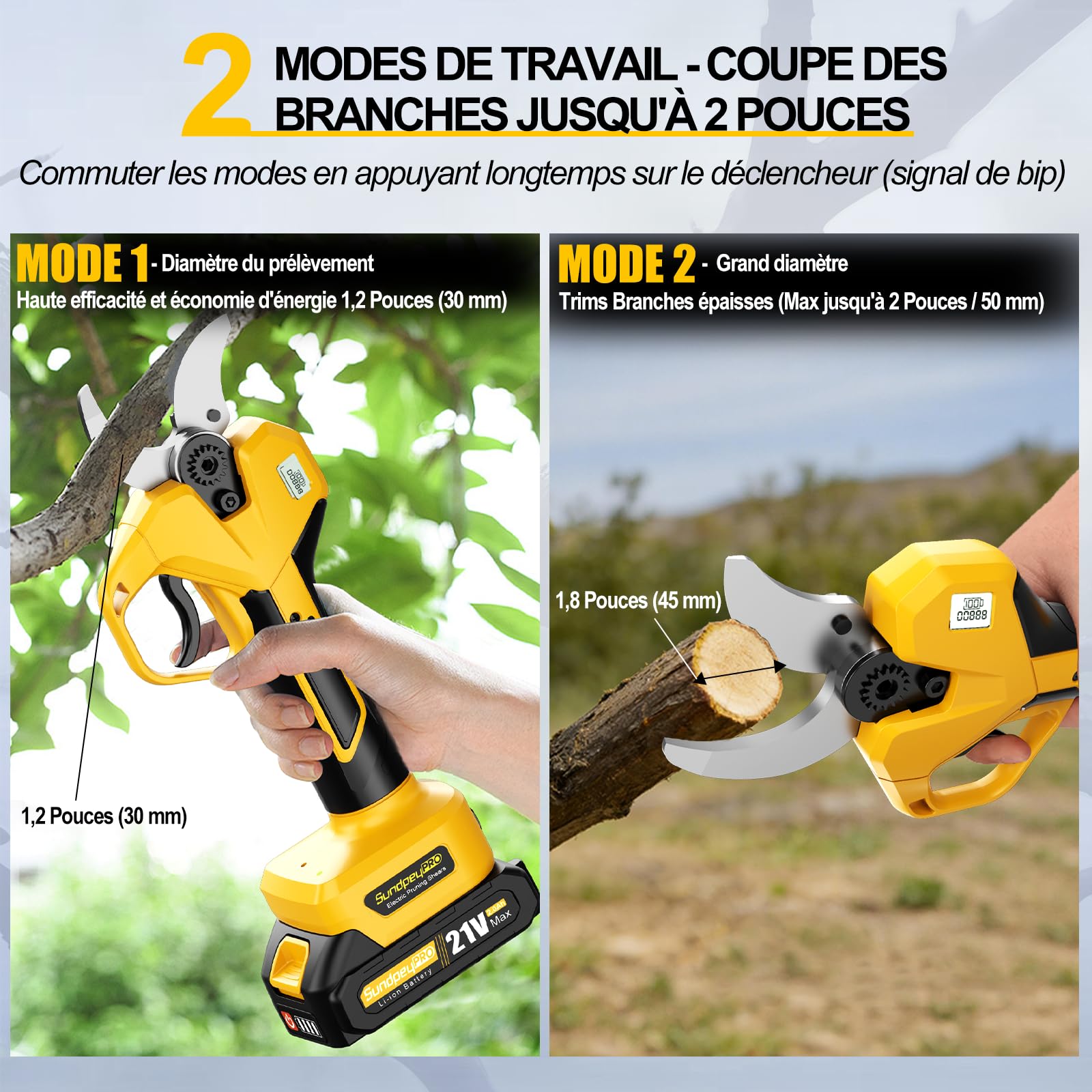 Sécateur Électrique Sans Fil, Max 50mm Sécateur de Jardin à batterie avec 2 x 2,0Ah Batteries, Moteur Sans Balais, éCran LCD et éTui, Secateur pour Verger Branches Arbres Arbustes Fruitiers