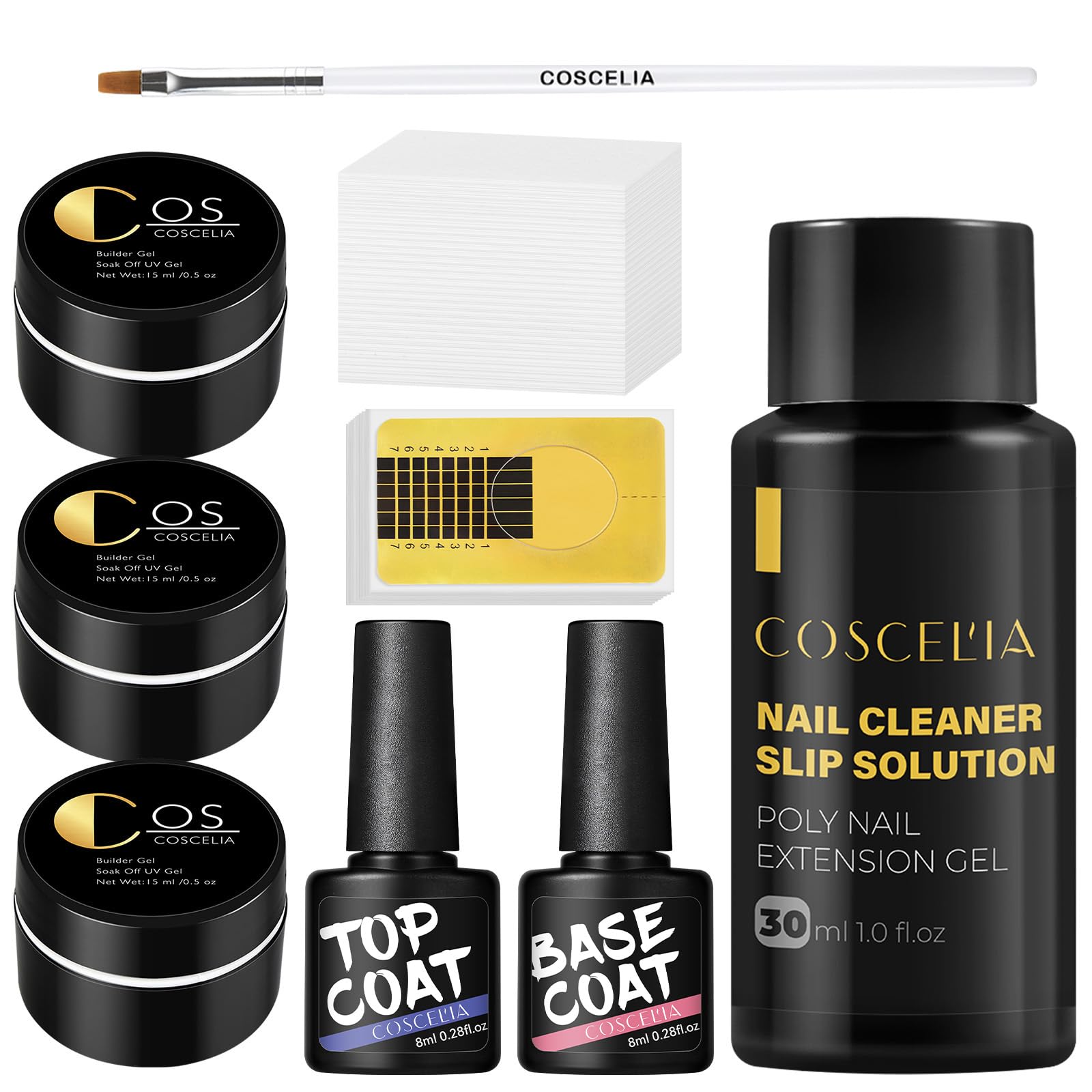 COSCELIA Kit de U-V Gel Uñas de 3PCS Gel de Extensión de Uñas 15ML de Uñas con 30ML Slip Solution y Base Coat Top Coat Kit Profesional de Uñas