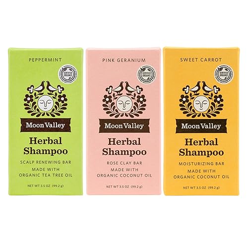 Moon Valley Organics Barra de champú a base de hierbas, menta, zanahoria dulce, geranio rosa, paquete de 3 unidades