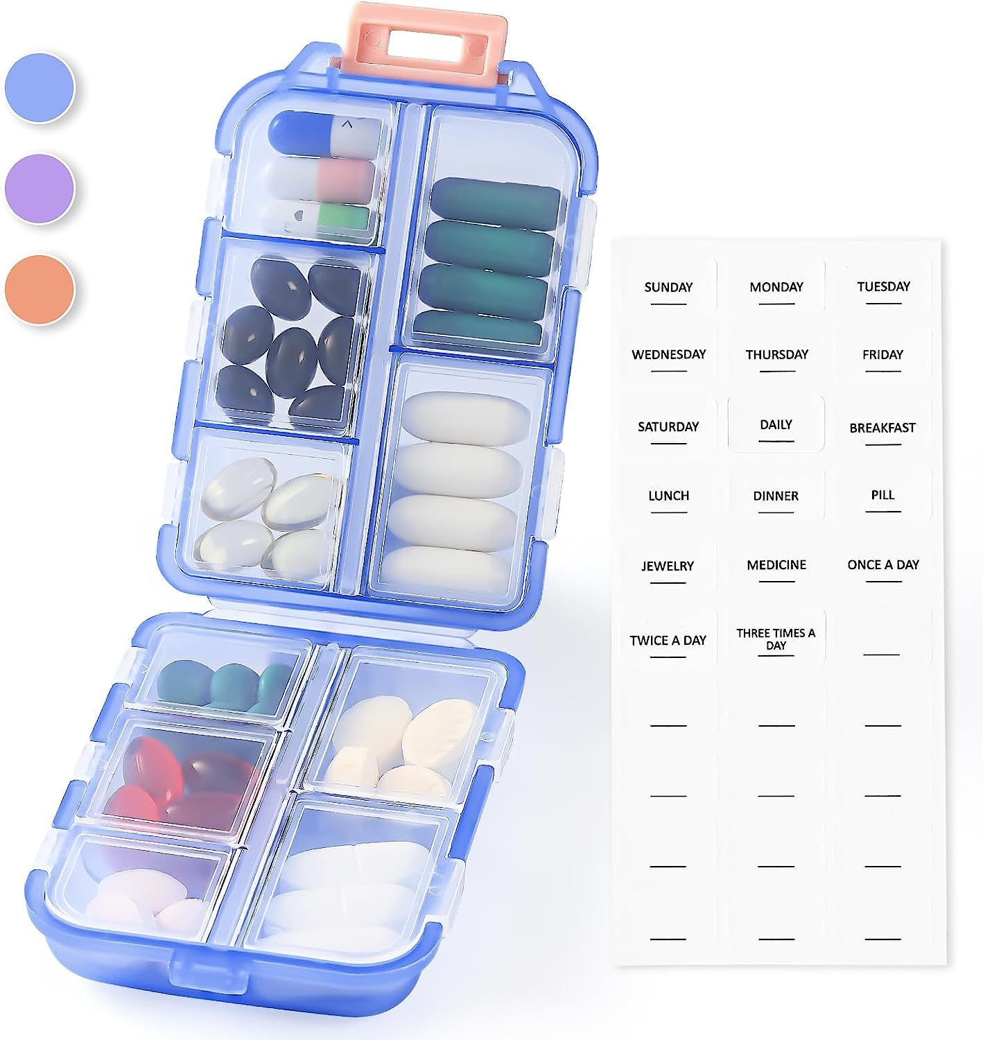 1 Pack Travel Pill Organizer w Lables, Small 10 Grid Compartments Pocket Pharmacy, Handy Pill Holder Box - Portable Medicine Container Case - Mini Cute Daily Weekly 7 Day Medication Organizer (Blue)