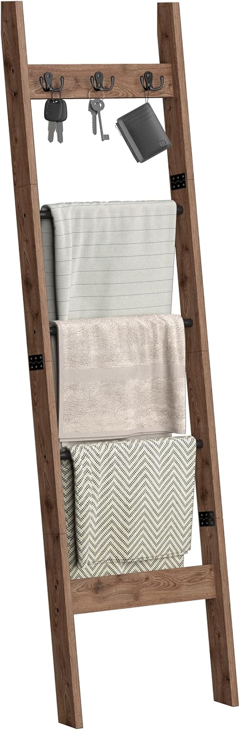 5ft Blanket Ladder for Living Room, 5-Tier Decorative Quilt Rack with 3 Removable Hooks, Farmhouse Throw Blanket Holder Shelf for Bedroom, Natural Wood and Black Natural Wood 5 Tier