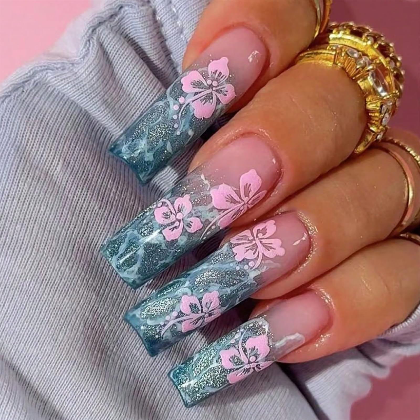 SINHOT Square Press on Nails - Long Fake Nails, Glossy Finish, Pink Flower & Blue Bling Glitter, DIY Artificial False Nail Art - 24 Pcs Nail Kit with