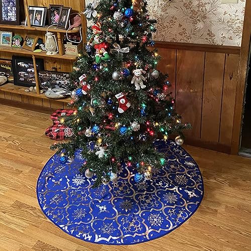 Miniatura 5 de Falda de árbol de Navidad, tapete grande de franela roja de 48 pulgadas con patrones dorados de Navidad para árbol de Navidad, decoración de fiesta