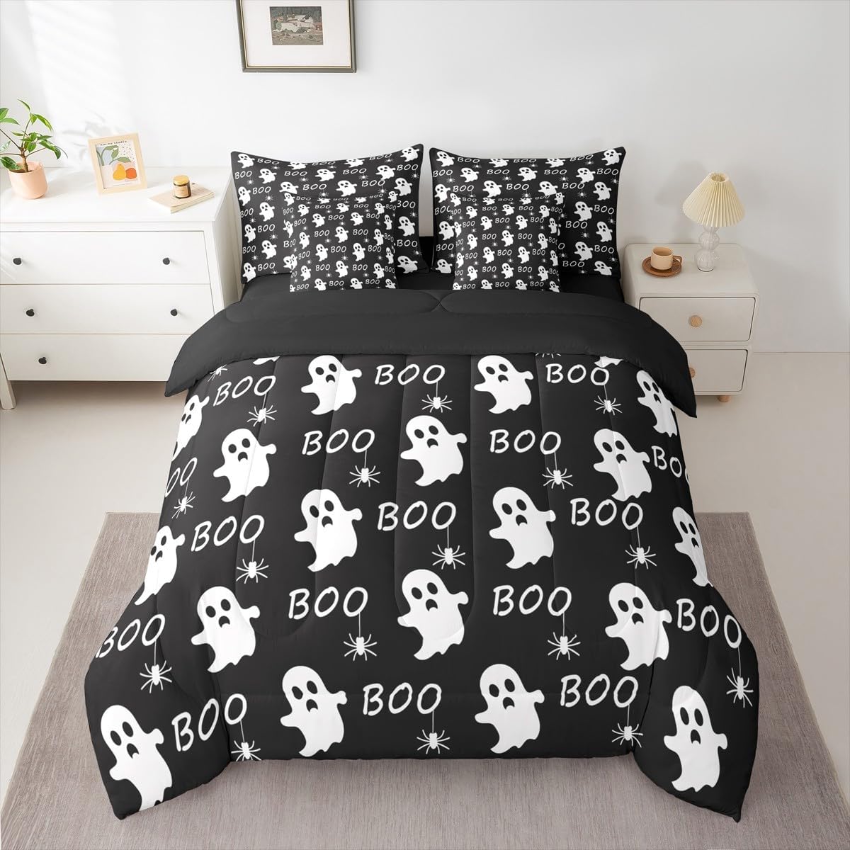 Feelyou Happy Halloween Comforter Set Twin Size 7 Pieces Kawaii Ghost Printed Bedding Set Cute Ghost Bed in a Bag with Comforter, Sheets, Pillowcases, Cushion Covers Bedroom Decor All Season Quilted