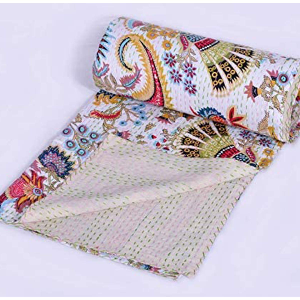 YUVANCRAFTS Indian Vintage Floral Print Twin Kantha Quilt Traditional Mandala Print Kantha Quilt Bedspreads Throw Blanket