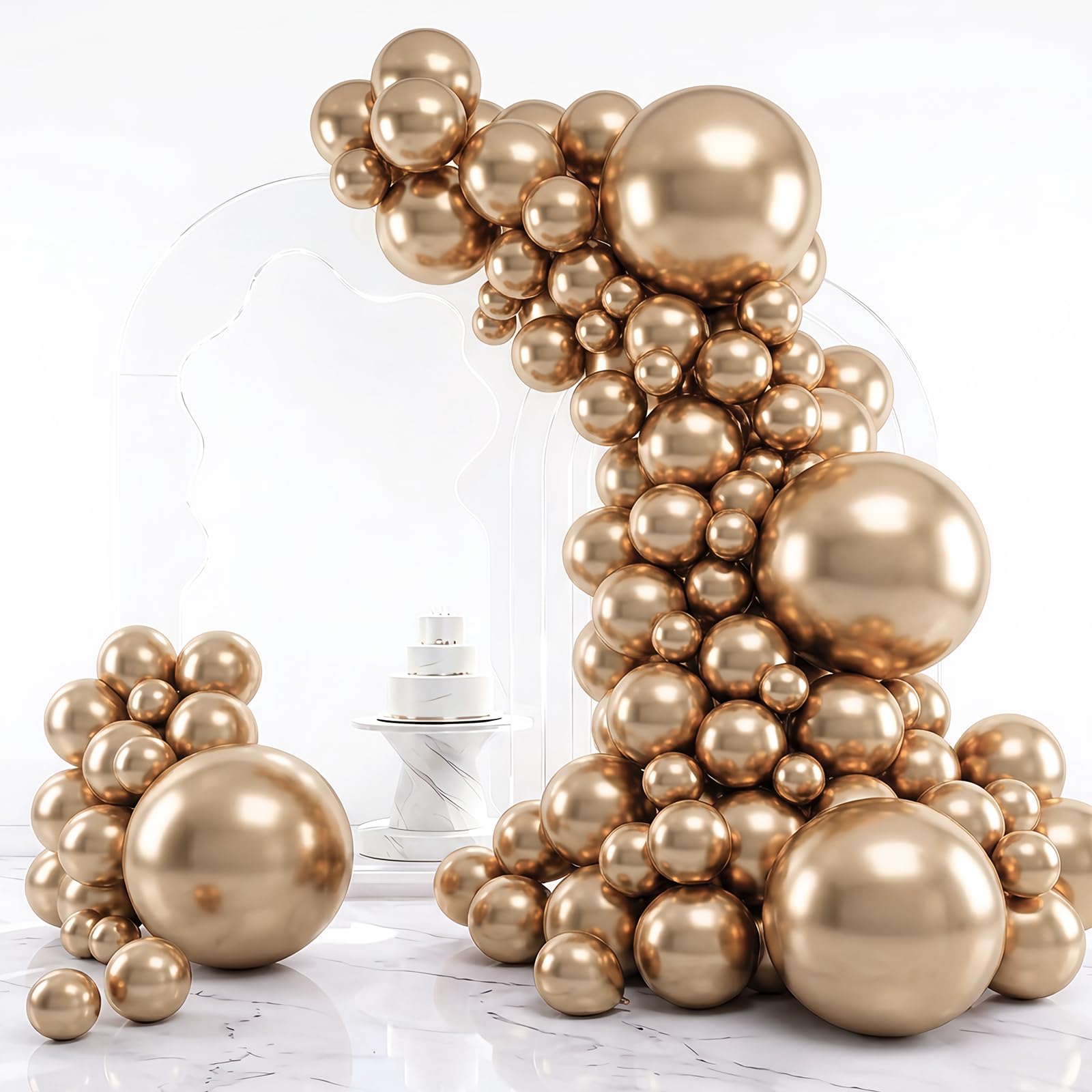 RUBFAC Gold Balloons 129pcs Chrome Gold Balloon Arch Different Sizes | Latex Metallic Gold Balloon Garland Arch Kit for Graduation Wedding Happy Birthday Party Decoration