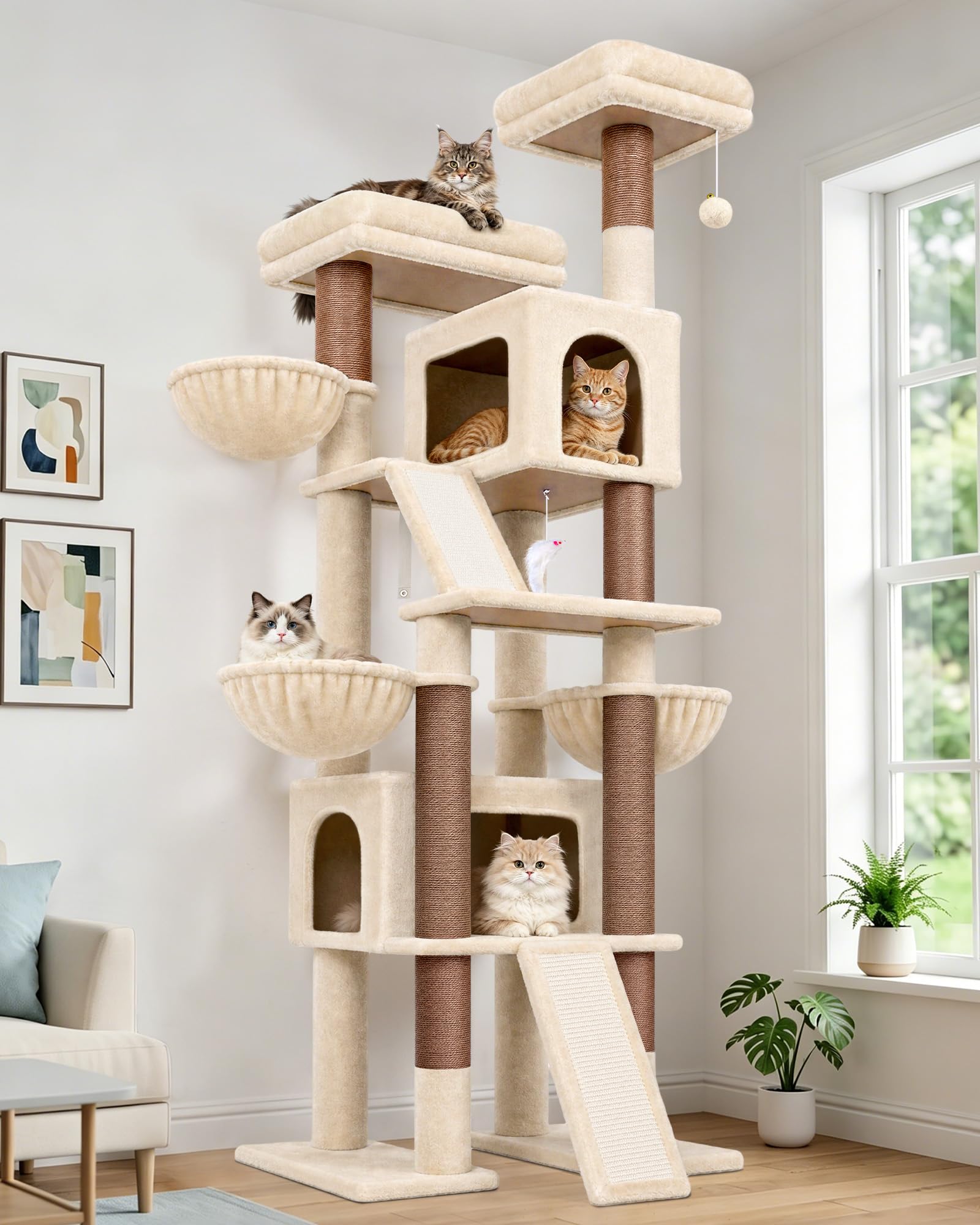 Globlazer Arbre à Chat XXL pour 3-4 Grand Chats 200 cm avec 2 Immense Niches, Rembourré Plateformes 50 * 30 * 30CM, 3 Panier, Planche Sisal, Stable Arbre a Chat pour Plusieur Chat Adulte (F78, Beige)