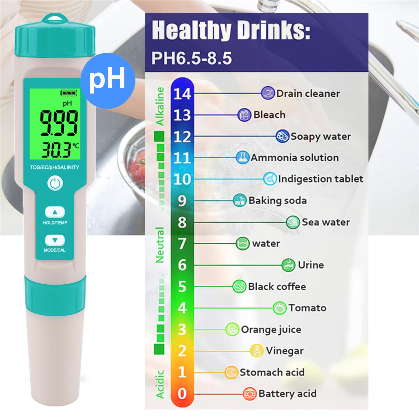 Aquarium Salt Tester -Pool Salt Tester, Versatile 5 in1 Salinity, PH, TDS, EC, and Temperature Meter, Digital Salinity Tester for Saltwater Aquarium, Accurate Salinity Meter,Green - image 4