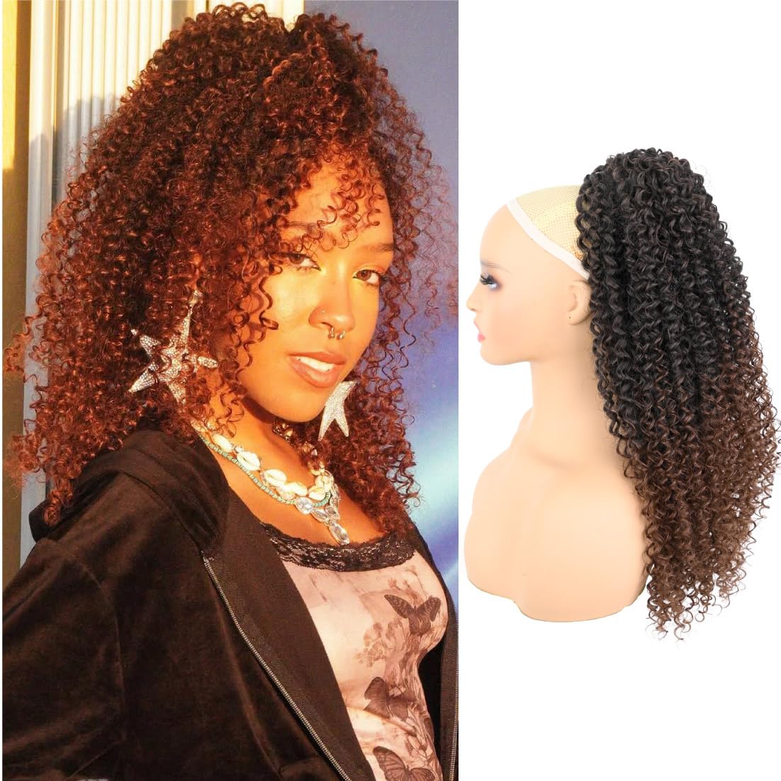 UAmy hair Long Deep Curly Drawstring Ponytail for Women 22inch Afro Kinky Curly Instant Clip Ponytail Extension Synthetic Protective Style Hairpiece,