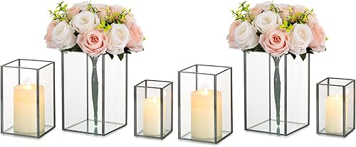 Glasseam Juego de 6 portavelas de cristal transparente con forma de huracán, portavelas de metal negro moderno, portavelas cuadrados para mesa,