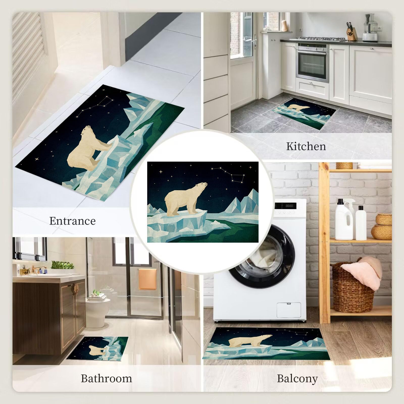 Zerbino Ingresso Interno Animali Artici Cartoni Animati, Zerbino Di Benvenuto Lavabile Morbida Cielo Stellato Iceberg Orsi Polari, Antiscivolo Tappeto Da Decorazioni Nero Per Casa Porta, 60X90Cm