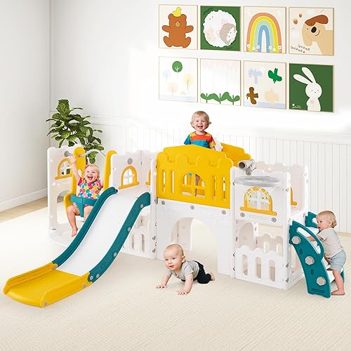 Miniatura 9 de Costzon Juego de columpio y tobogán 10 en 1 para niños pequeños, juego de tobogán y escalador con pasillo, ventana Peek-a-Boo y espacio de Amarillo