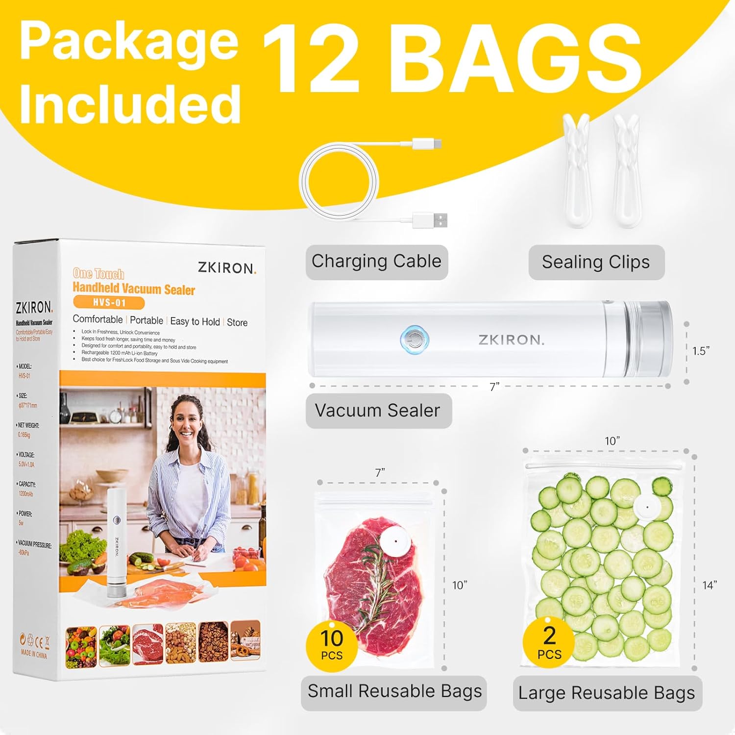 OneTouch Handheld Vacuum Sealer with 12 Reusable Vacuum Bags – Compact Food Sealer with Detachable Transparent Suction for Sous Vide, Meal Prep & Kitchen Storage, Portable Food Saver