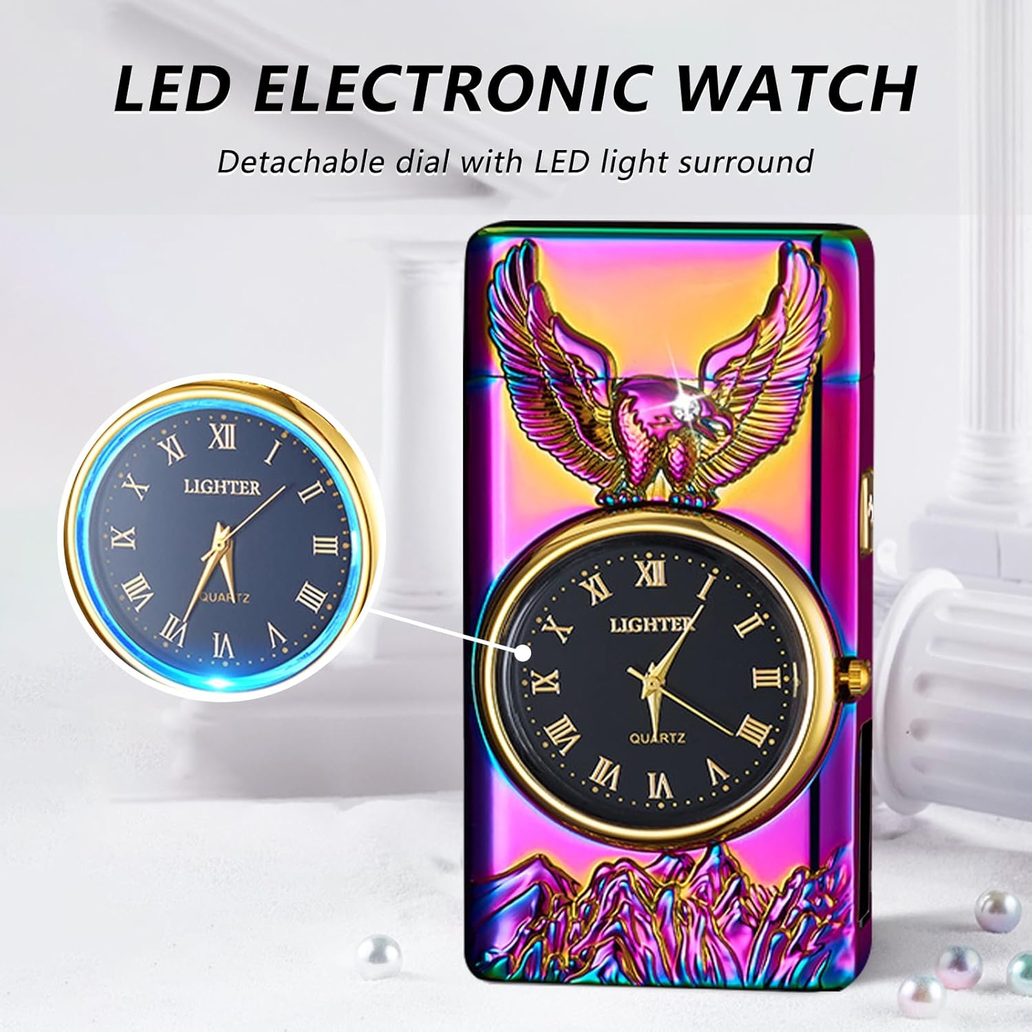BABOBIU Electric Lighter Cool Windproof Eagle Lighter Flameless Candle Lighters USB Rechargeable Lighters with Cool Clock dial Gift for Men, Boyfriend, Husband (Colorful)