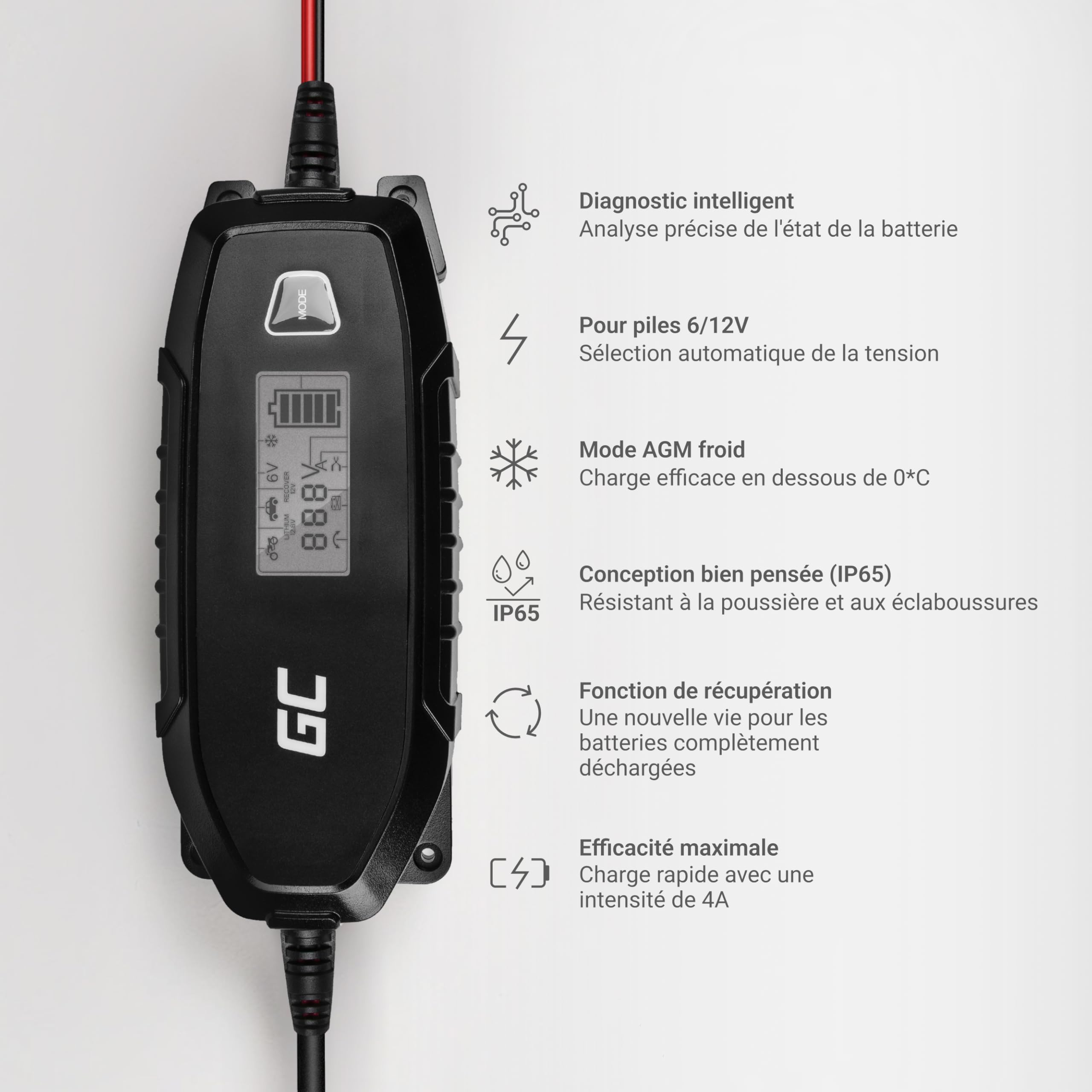 Green Cell® Chargeur Automatique Intelligent 6V/12V 4A (SLA, AGM, Gel, EFB, Wet, LiFePO4) Chargeur de Batterie avec Mode de reconditionnement de Test de Batterie pour Voiture Moto Camion Automobile