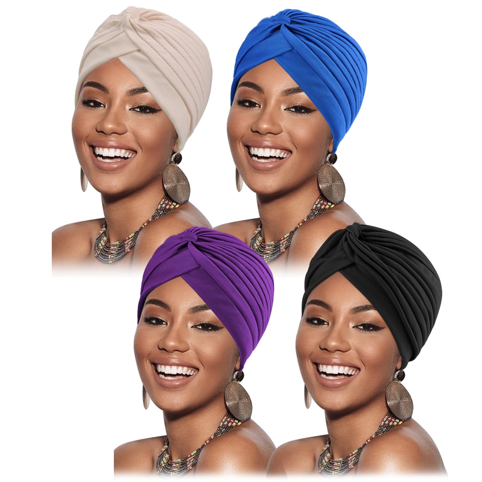Stretchy Polyester Turbans for Women Knot Chemo Cap for Cancer Pleated Headwear Beanie Twisted Head Wrap Hair Loss Hat