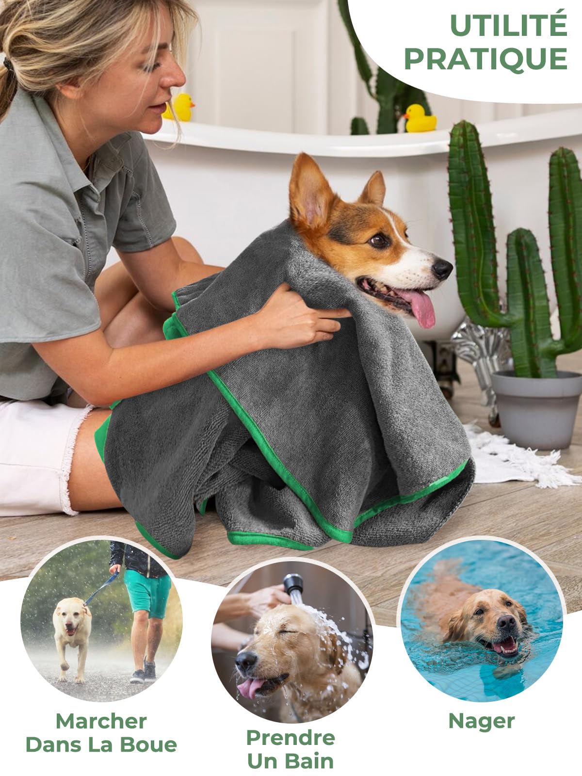 Peignoir pour Chien en Microfibre, Bibykivn Serviette pour Chien Super Absorbante, Lavable Serviette pour Animaux Peignoir de Bain, Réglable Peignoir pour Douche Natation (Gris Vert, XL)