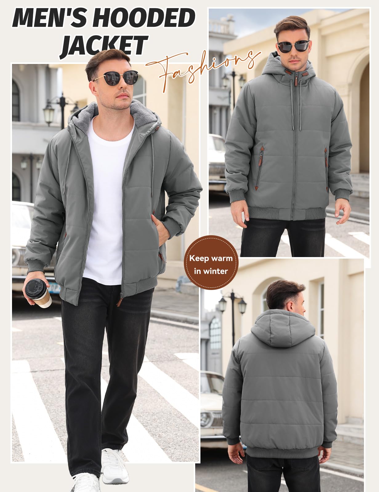 Voqeen Herren Winterjacke mit Fleece Gefüttert Warme Steppjacke mit kapuze Dicke Thermojacke Wintermantel für Männer