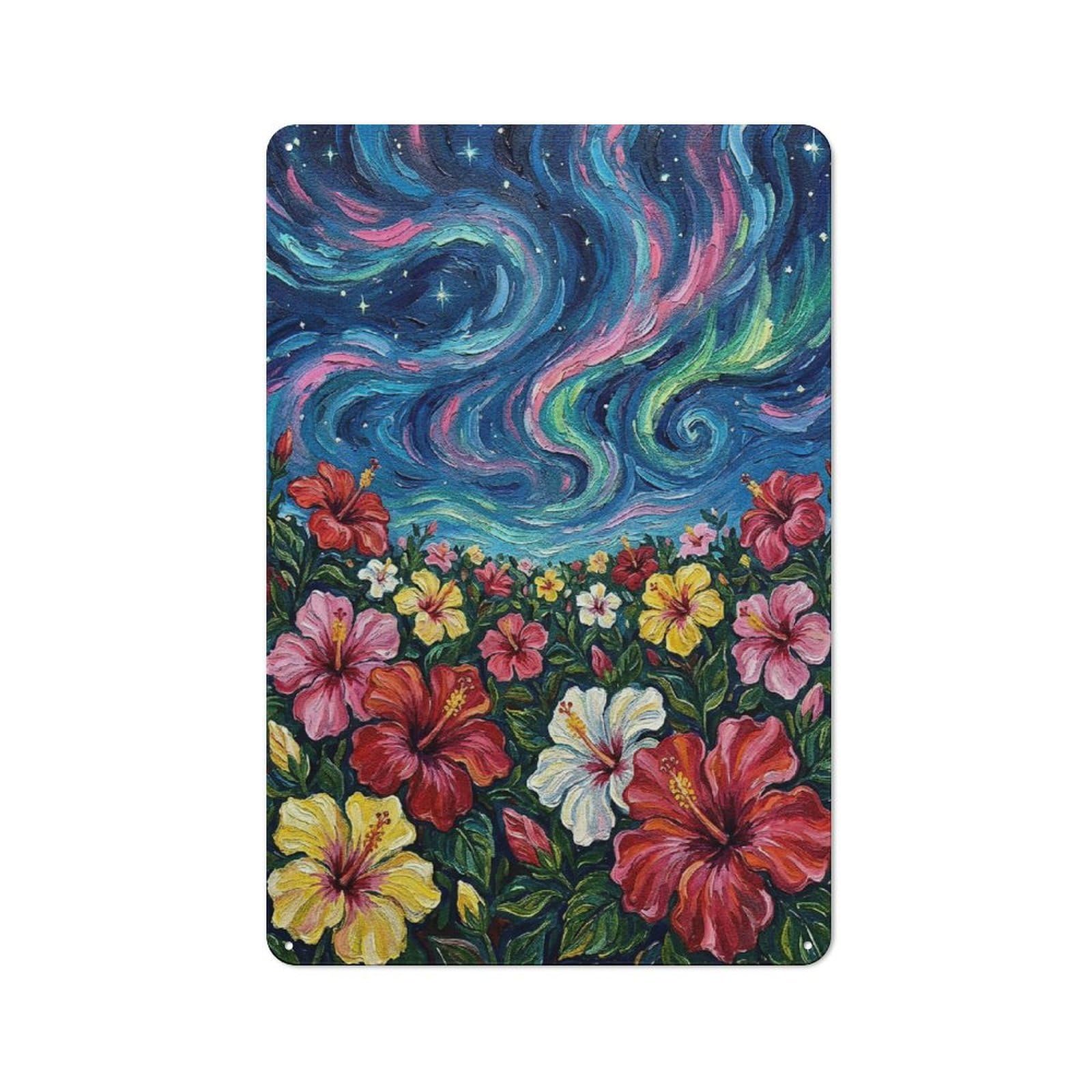 Junmoney Style-24 Metal Wall Sign 30X20cm Featuring Hibiscus Flowers Under Aurora Painting For Pub Or Café, Housewarming Wall Decor For People Furnishing Pub And Café