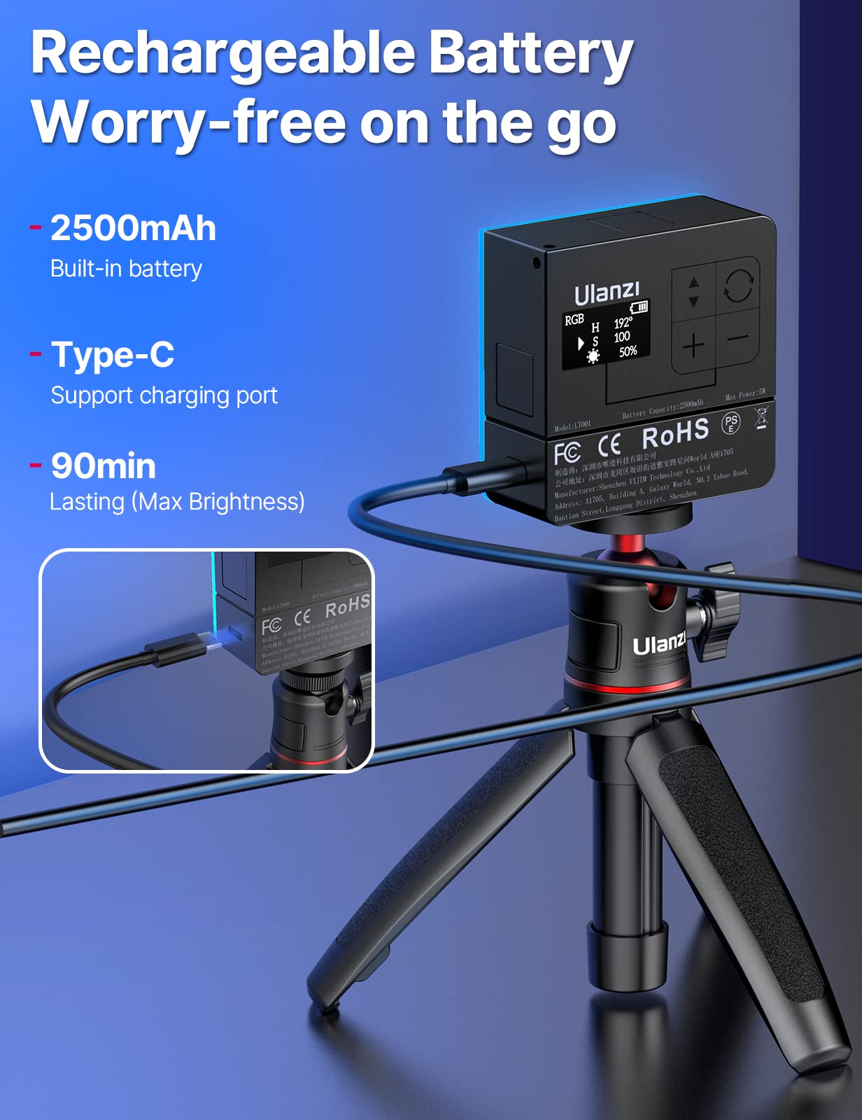 ULANZI VL49 Pro Luce Video RGB, Luce Led Fotografia con Batteria da 2500mAh, Assorbimento a Magnete, Faretto Fotografico a 360° a Colori con 20 Effetti di Luce Simulata per Fotografia di Prodotti