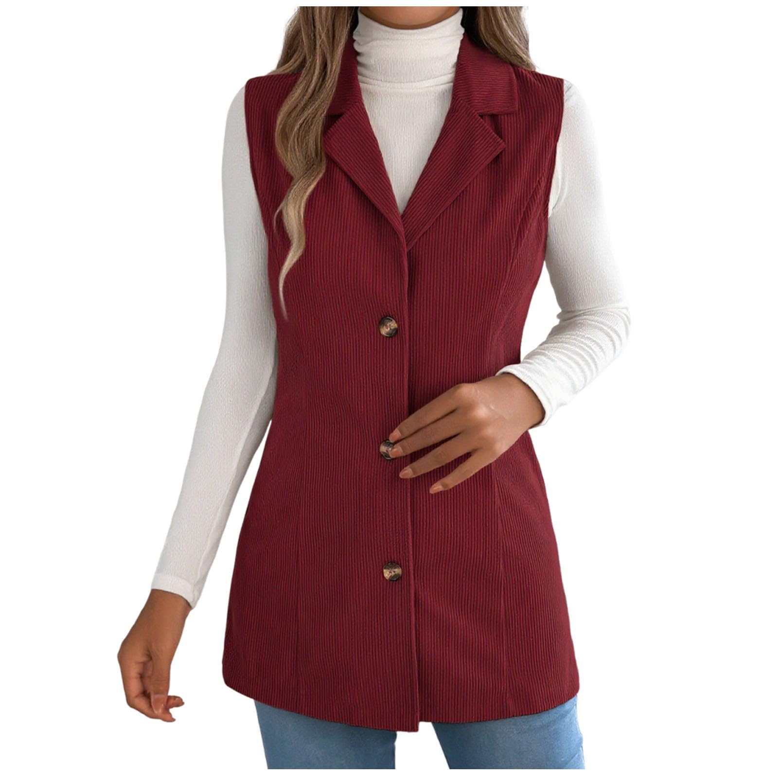 HGps8w Corduroy Suit Vests for Women Dressy Fall 2025 Sleeveless Open Front Blazers Loose Mid-Long Outerwear with Pockets