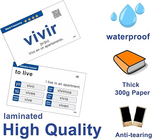 Miniatura 7 de Docdeer 251 tarjetas didácticas de aprendizaje de verbos en español para principiantes, adultos y niños, tarjetas de español a inglés, tamaño