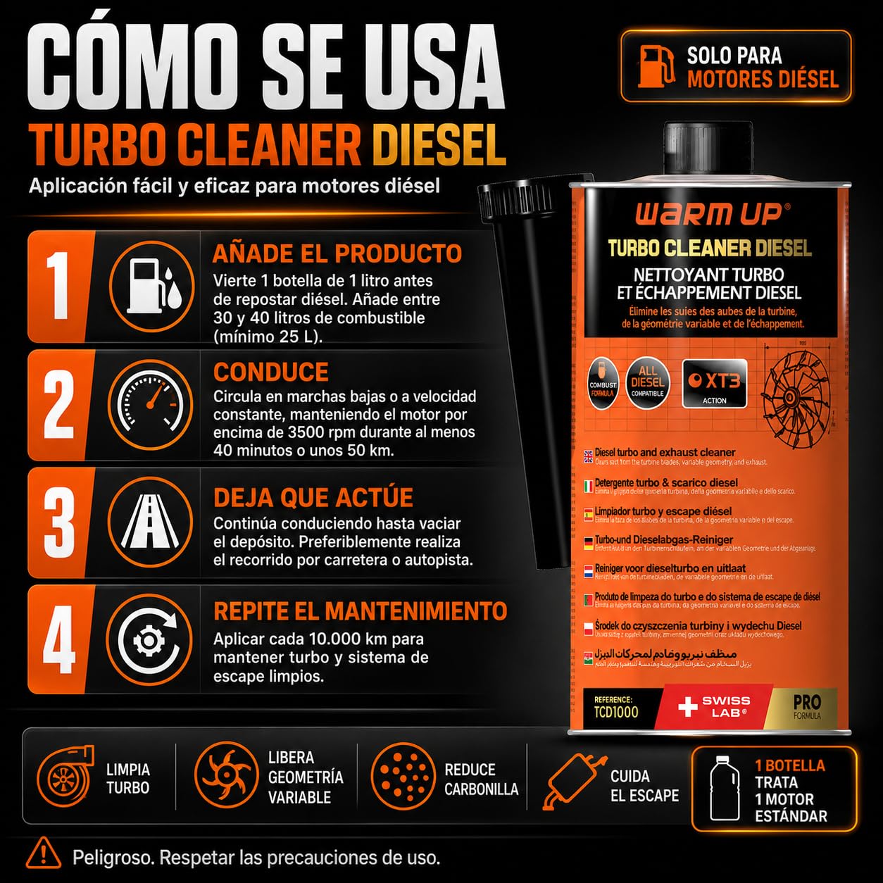 WARM UP Turbo Cleaner Diesel TCD1000 1L | Limpiador de Turbo Diésel y Sistema de Escape | Ayuda a Limpiar Geometría Variable, EGR, FAP/DPF y Catalizador | Tecnología XT3 + XT2