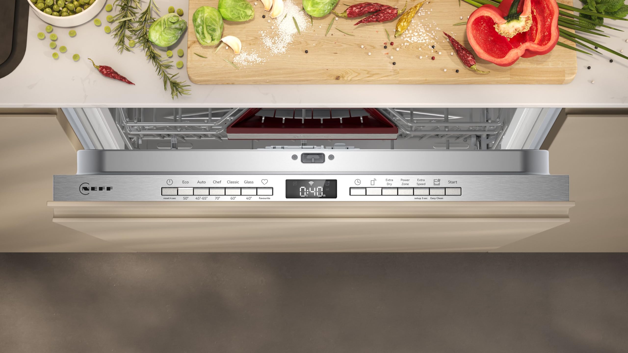NEFF N 50 Vollintegrierbarer Geschirrspüler 60 cm, S155HCX03E, Made in Germany, Flex 1-Korbsystem für einfaches Beladen, Chef 70 °C, Programme-Download, AquaStop, InfoLight, Home Connect | Made in Germany, Flex 1 Korbsystem mit extra Besteckschublade, Che