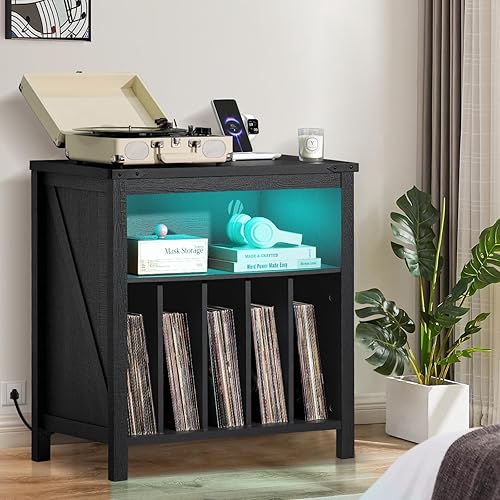 Miniatura 7 de Soporte grande para tocadiscos con estación de carga y luces LED, gabinete de almacenamiento de discos de vinilo con capacidad para hasta 230