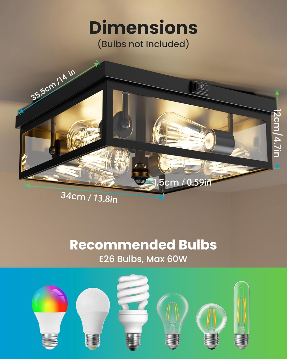 Caftersmark Outdoor Ceiling Light with Motion Sensor 14‘’, Flush Mount Porch Ceiling Light, lear Glass with Dusk to Dawn 4-Light Close to Ceiling Light Fixture for Patio,Porch,Garage