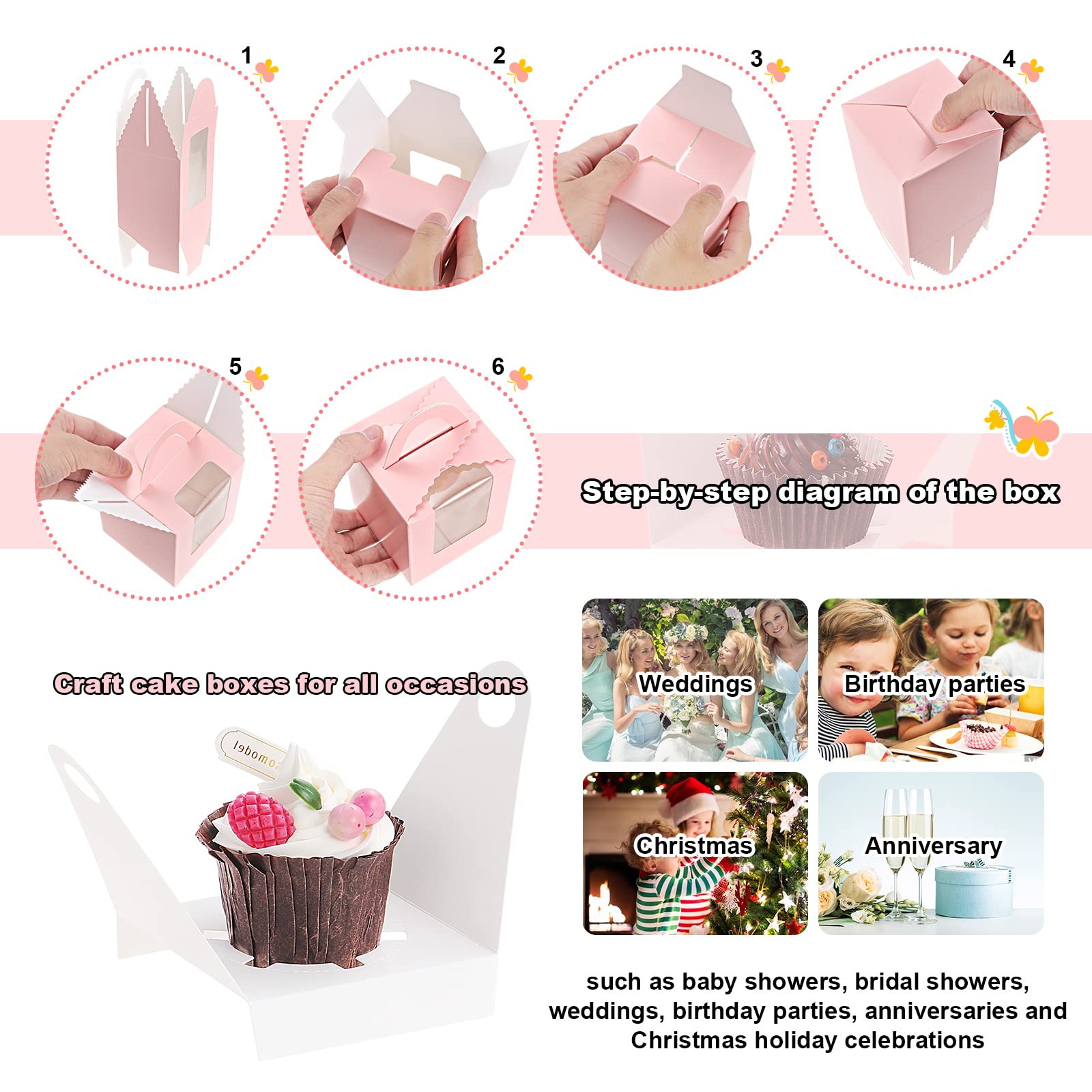 Lot De 50 Boîtes à Cupcakes Fippy Avec Fenêtre - Inclut 100 Moules En Papier - Design Marbre Blanc