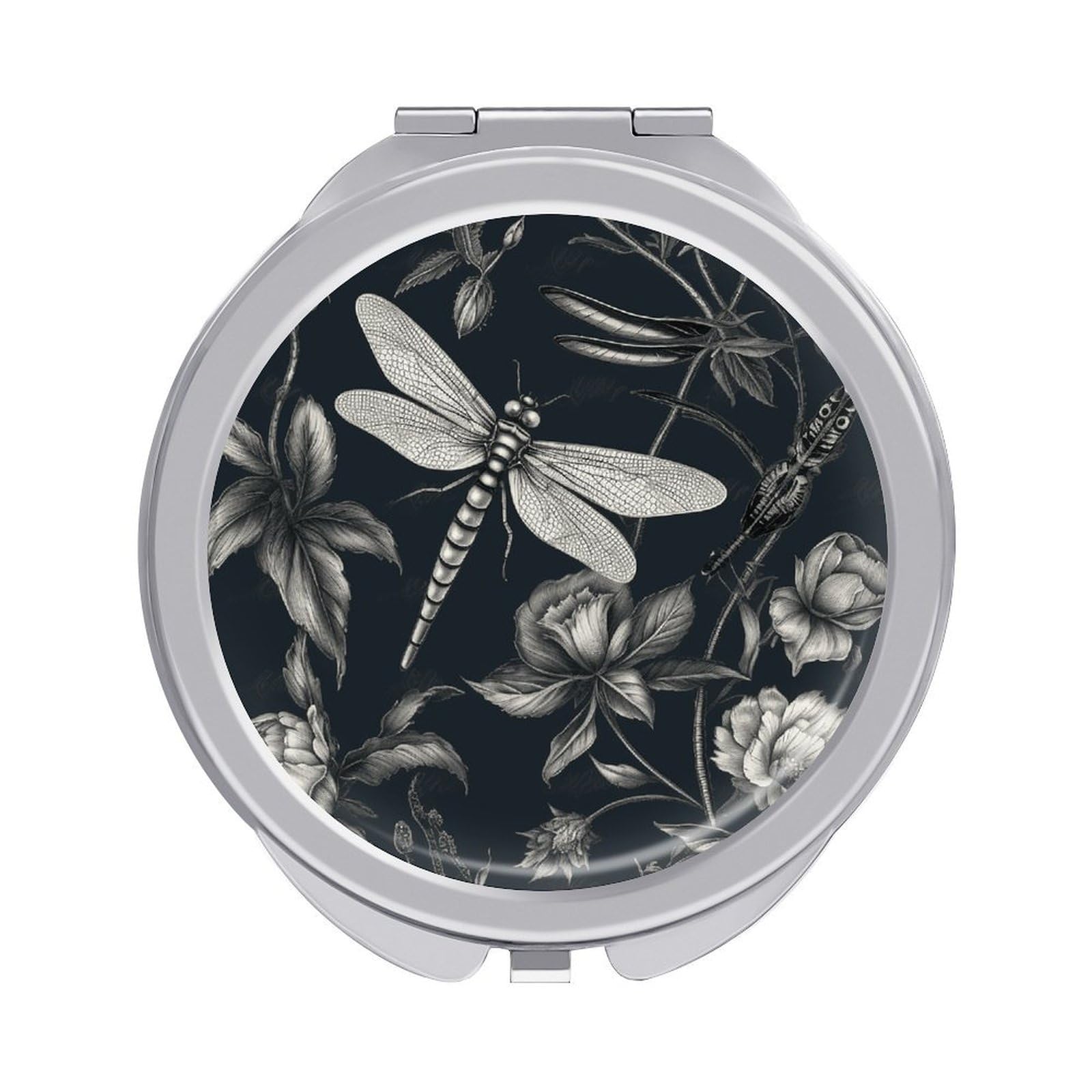 VstaDank Black Flowers and Dragonfly Travel Makeup Mirror 2 X /1 X Magnifying Mini Vintage Pocket Mirror for Purse Small Portable Folding Small Round Mirrors Portable Vanity Mirrors for Women