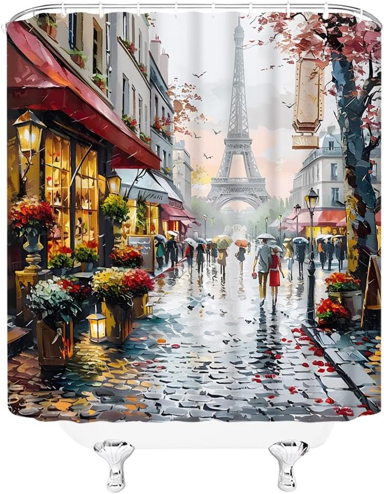 Paris Eiffel Tower Shower Curtain Oil Painting Romantic French City Street Landscape Bathroom Decor Curtains Set with Hooks, 90" W x 70" H