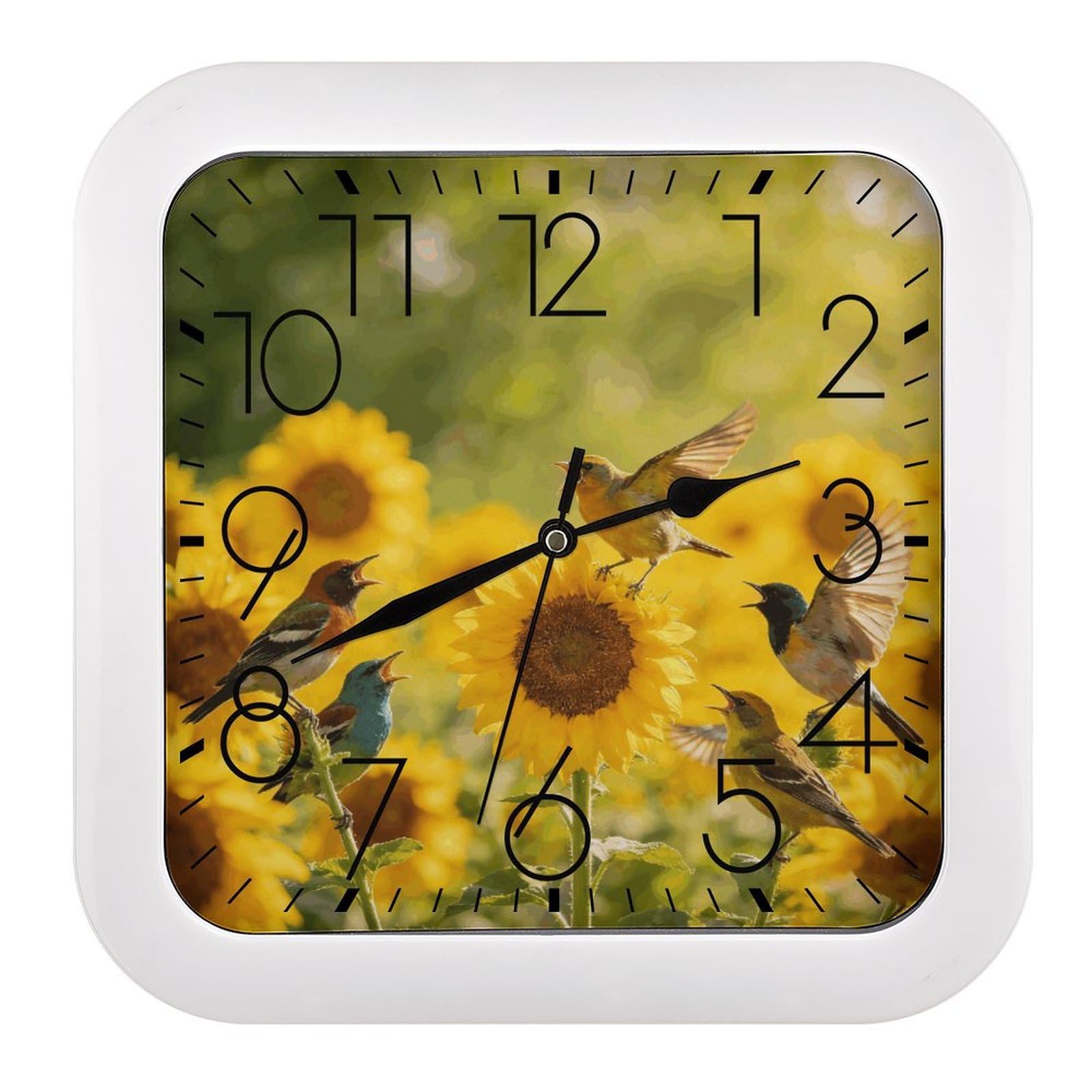 Fodpand Style Sunflowers And Songbirds Wall Clock,Battery Operated Modern Retro Rounded Square Clock Clock For Bedroom Living Room Office Home Gym Porch Decor Indoor Outdoor 10.2 * 10.2In