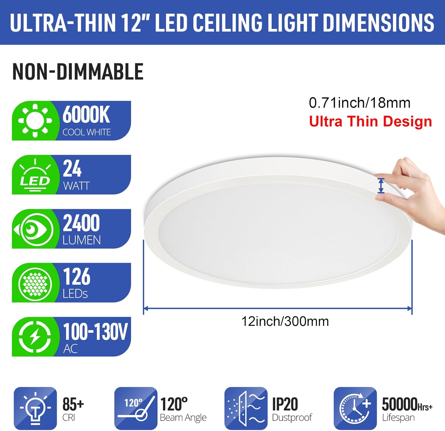 SunRider LED Flush Mount Ceiling Light Fixture, 6000K Cool White, 2400LM, 12 Inch 24W Modern Round Flat Lights, 240W Equiv. Panel Lamp, Non-Dimmable