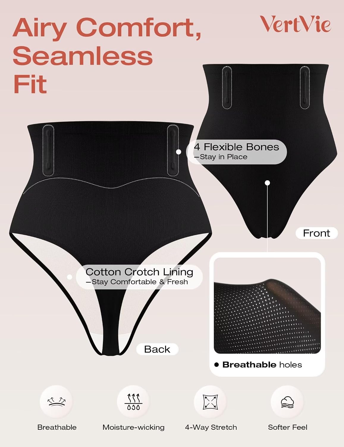 Vertvie Tummy Control Shapewear Shorts for Women Butt Lifting Body Shaper Shorts High Waisted Seamless Girdles Under Dress(Black,Medium,Thongs)
