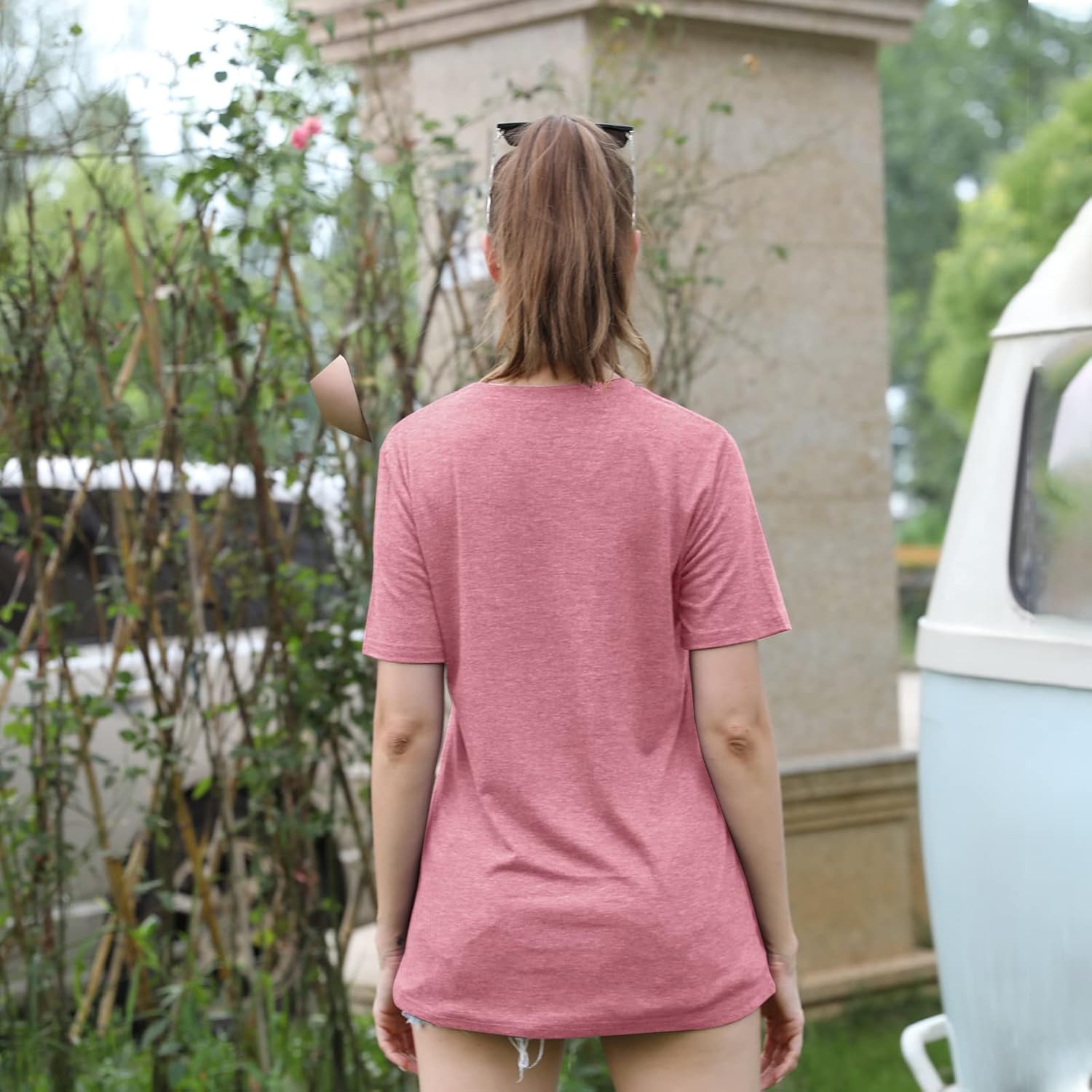 GEMLON Sunset Pine Tree Tshirt Women Camping Tshirt Retro Sun Print Graphic Tee Casual Short Sleeve Top - Image 3