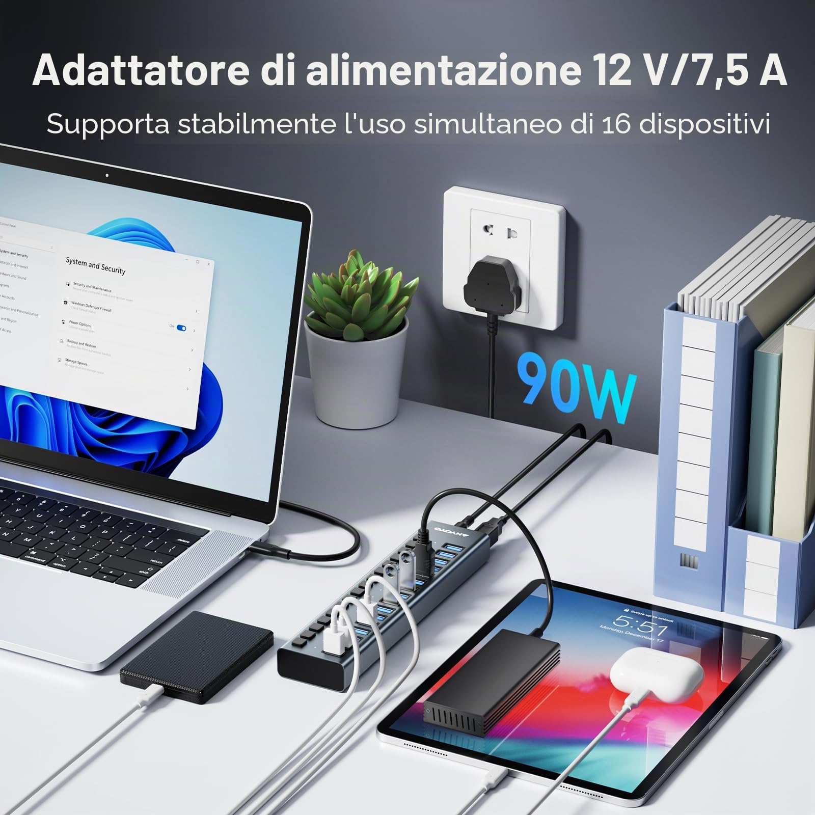 Hub USB Alimentato 90W (12V/7.5A) - Multiport USB 3.1 con 16 porte A 10Gbps,ANYOYO multipresa usb per Laptop e PC,Dispositivi di Archiviazione- Alluminio