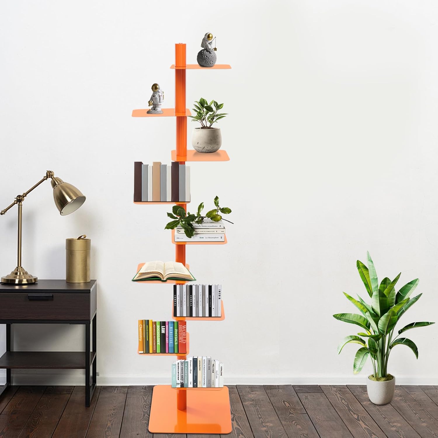 Eapmic Rotating Spine Bookshelf, 9 Tier Vertical Spine Book Tower, Metal Bookcase Organizer, Freestanding Book Shelf Storage Rack, Modern Tall Narrow Bookcase for Living Room Bedroom Office (Orange)