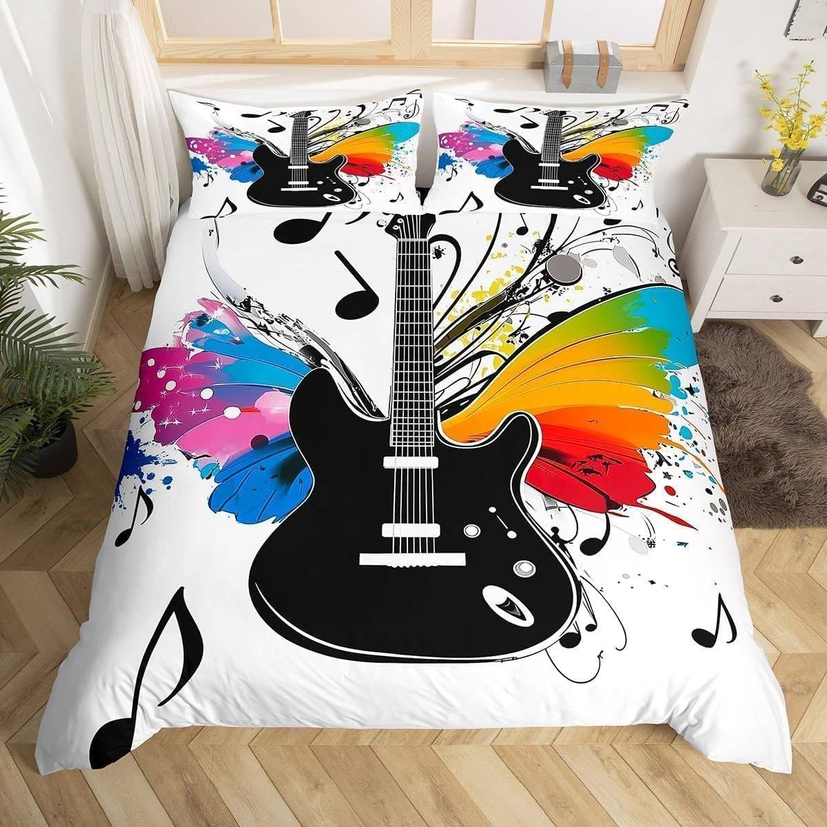 NDXRWDZR King Size Duvet Set Guitar Duvet Cover with Zipper Closure Bedding Set for Aldults Kids Soft Hypoallergenic Microfiber Quilt Cover 230x220 cm + 2 Pillowcases 50x75 cm
