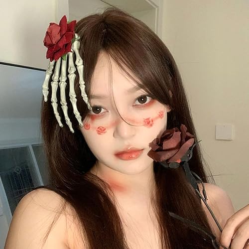 Miniatura 5 de Pinzas para el pelo de hueso de Halloween, horquilla de mano de esqueleto, 2 rosas rojas, flores, accesorios para el cabello para mujeres y niñas,