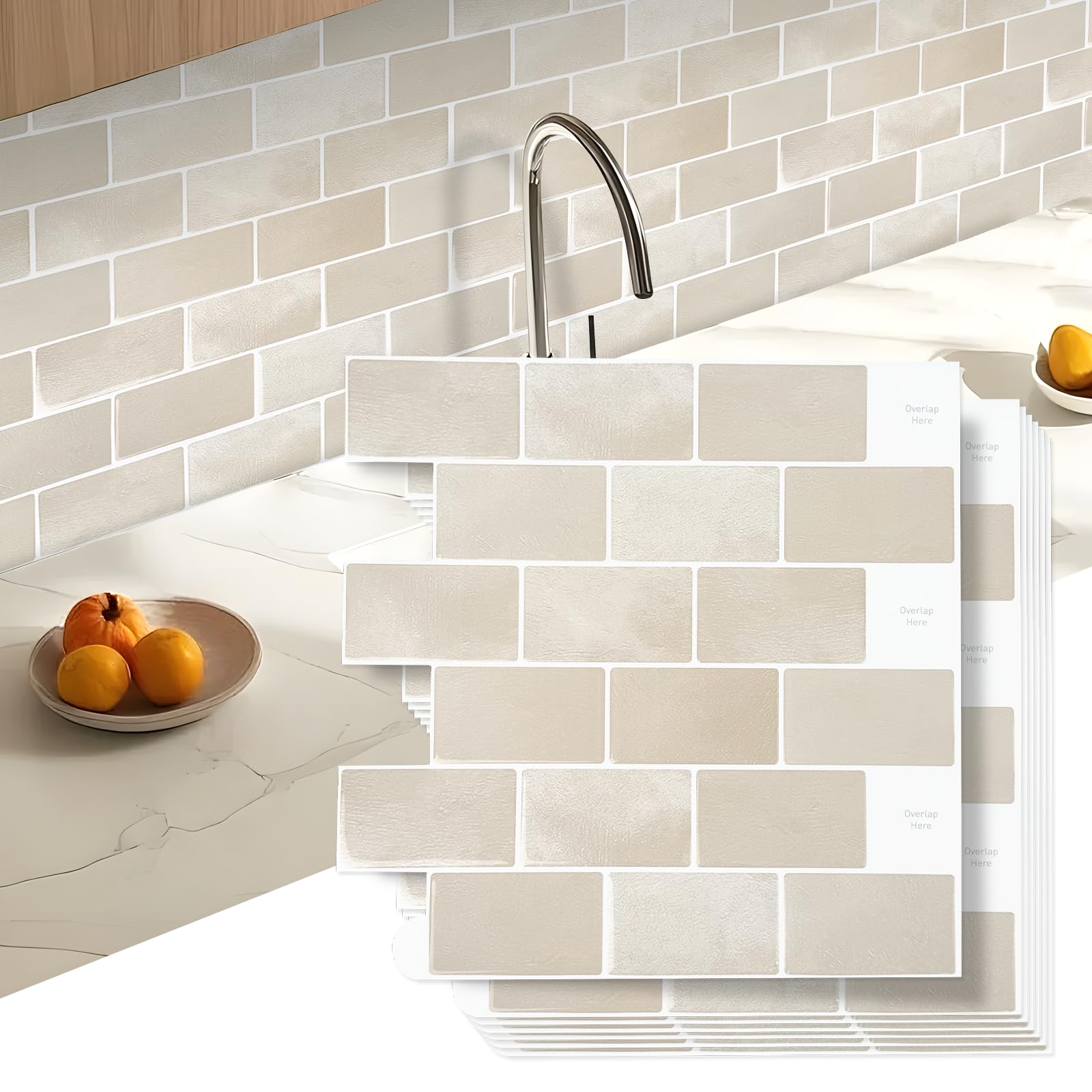 JOLOV 3D Peel and Stick Wall Tiles, Self-Adhesive Kitchen Splashback, High Gloss Waterproof & Heat Resistant Tiles for Bathroom & Kitchen, Easy to Clean,10 Sheets (30.5 x 30.5 cm) (Beige)