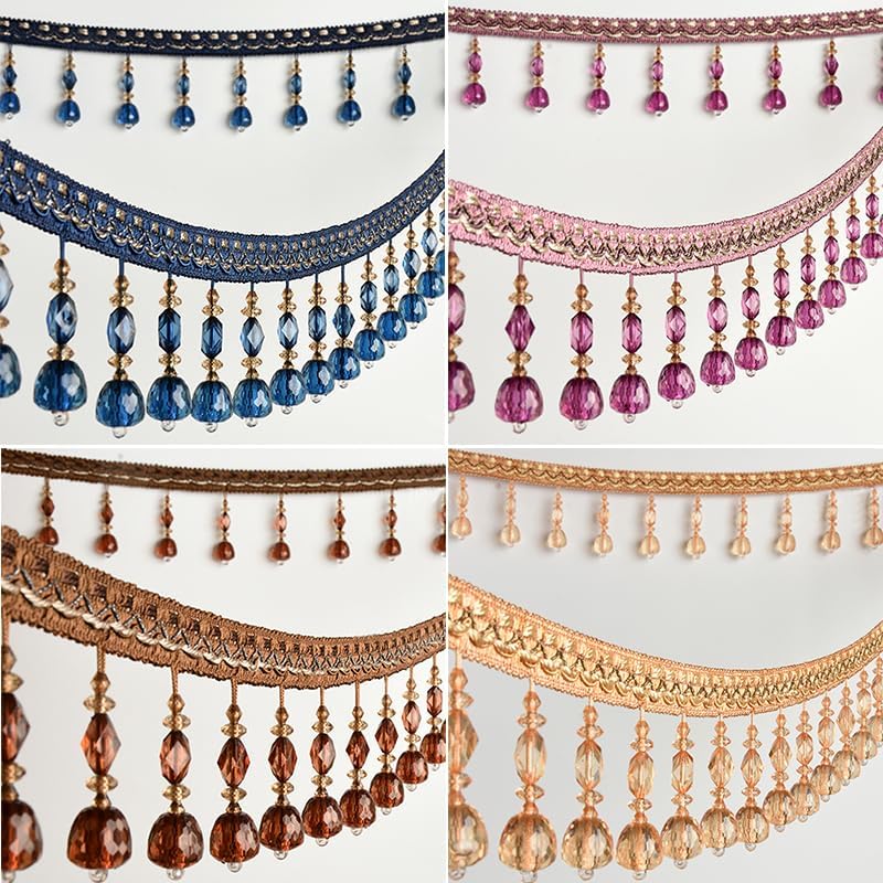 Fringe Trim Tassel,Curtain Lace, 12 Meters Crystal Beaded Lace Trim Tassel Fringe Braided Hanging Beads Trimming Ribbon for Sewing Curtain Home Decor (Color : Pink) (Color : Green)