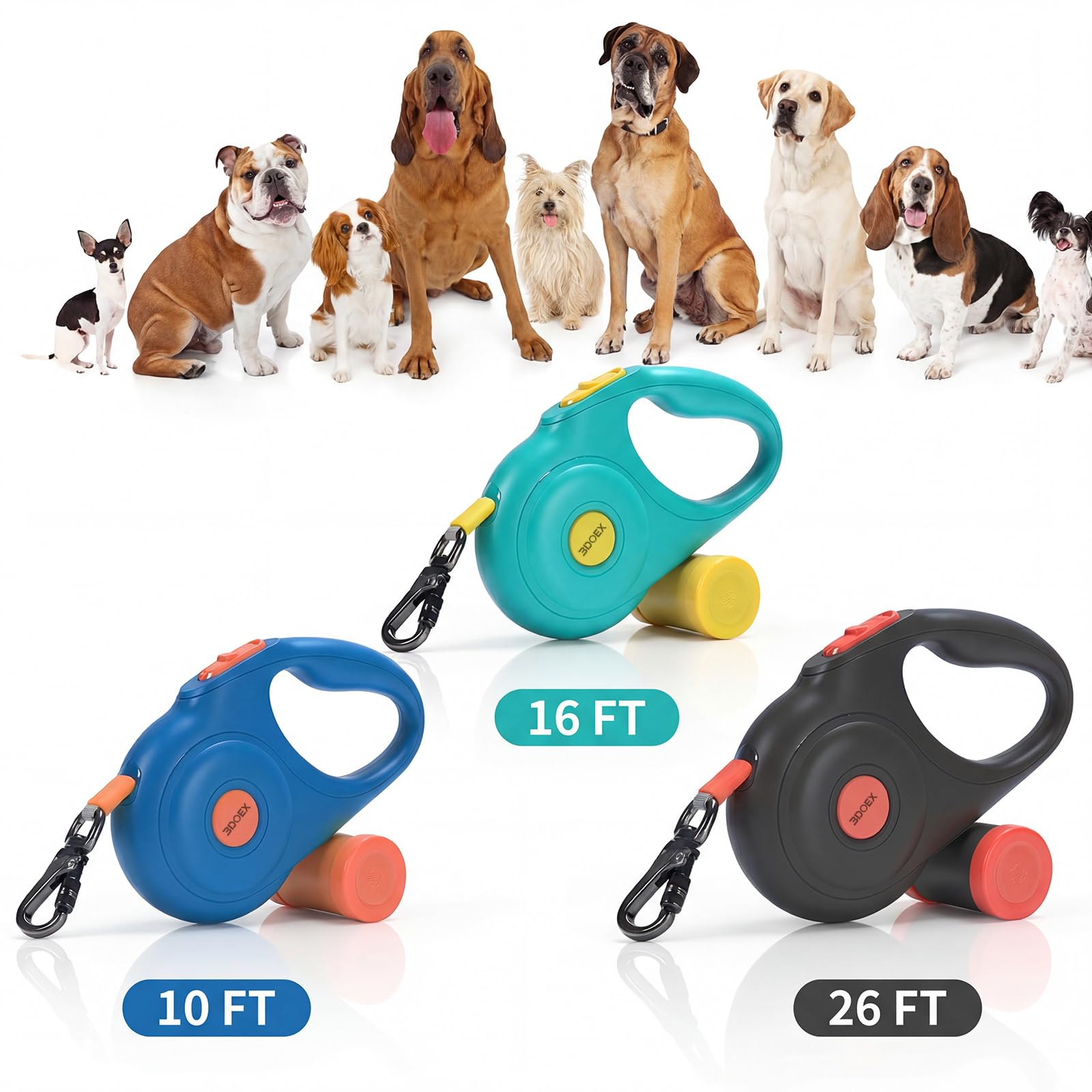 Laisse rétractable pour chiens de petite et grande taille, corde en nylon réfléchissante anti-morsure avec distributeur de sacs à déjections, mousqueton anti-explosion, poignée antidérapante (bleu