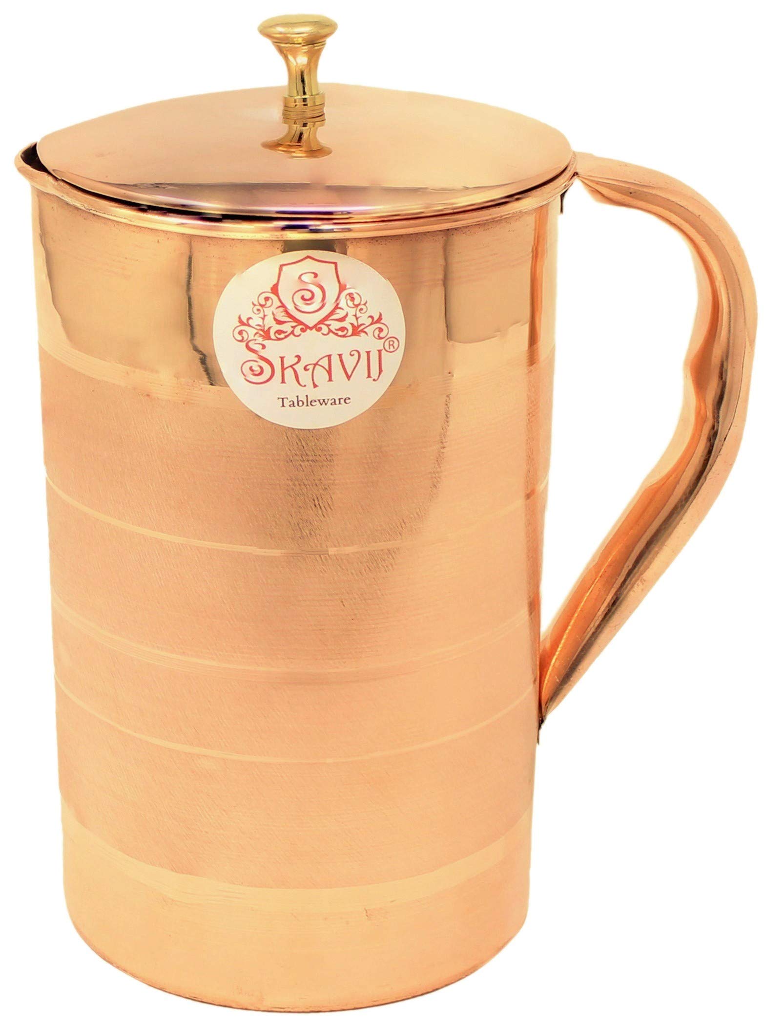 SKAVIJ Juego de jarra de cobre puro y 6 vasos de agua de estilo lujoso con tapa (1,6 litros)