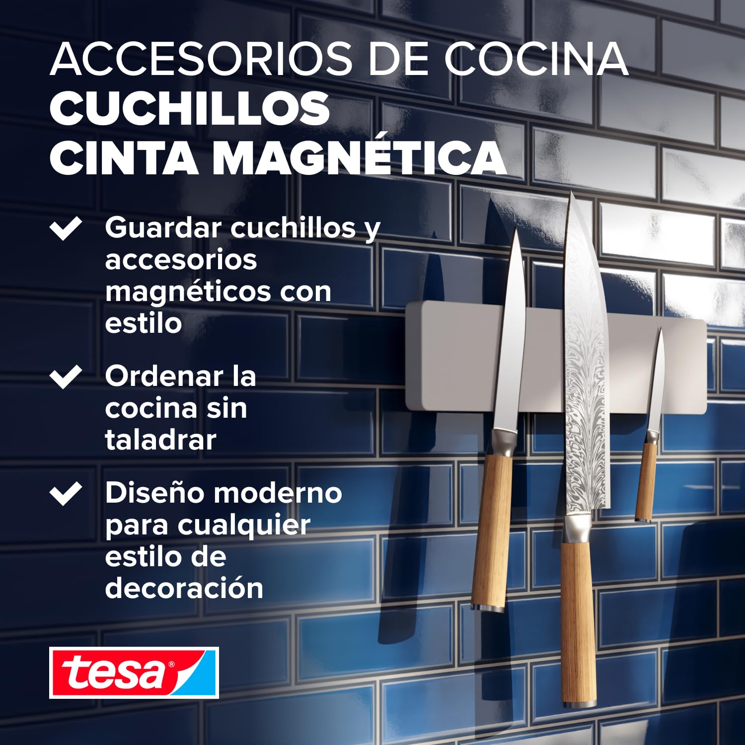 tesa Accesorios de Cocina, Barra Magnética para Cuchillos - Soporte Magnético y Autoadhesivo para un Almacenamiento Eficiente - con Adaptador, Montaje en Pared sin Taladrar - Blanco