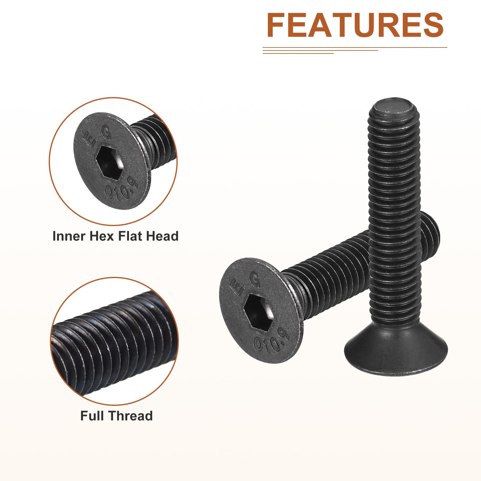 DTGN M8-1.25x40mm Flat Head Socket Cap Screws, 10 Pack Hex Socket Flat Head Screws Carbon Steel Black Oxide, Full Thread - Image 4