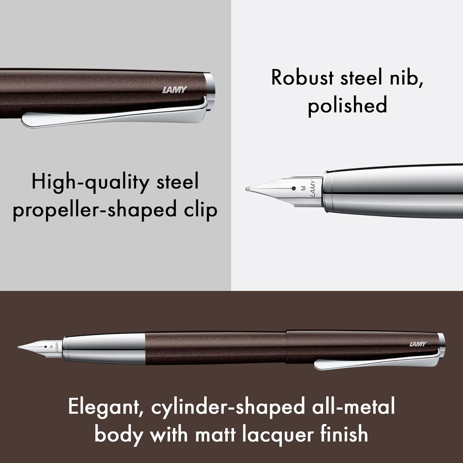 Lamy Studio Premium Fountain Pen 069 Stainless Steel in Shiny Lacquer Finish and Polished Steel Nib Size M Propeller-shaped Clip Including Ink Cartridge T 10 Blue
