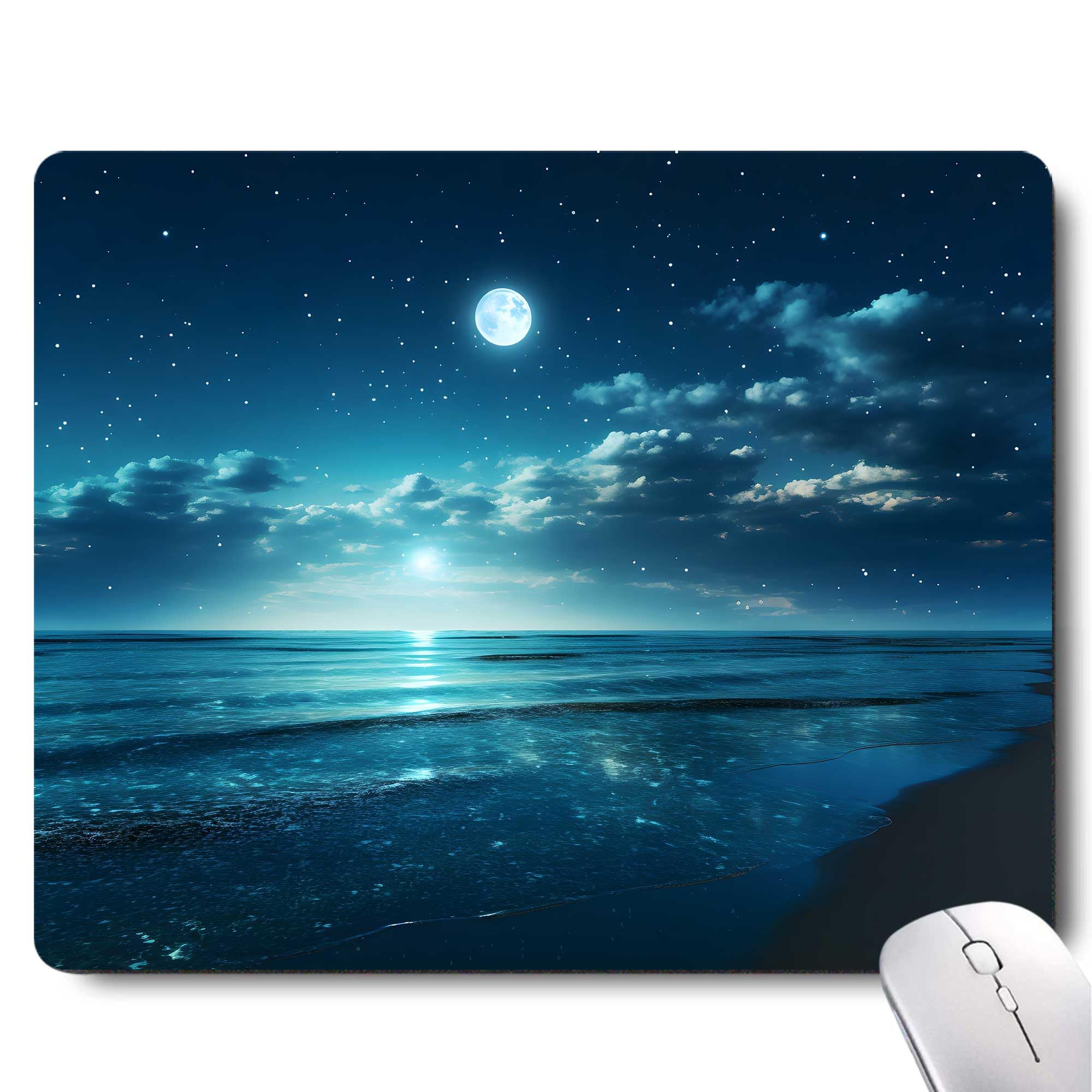 Ocean Mouse Pad Quiet Night Moon Illuminating The Clear Blue Ocean Mousepad Square Waterproof Mouse Mat Non-Slip Rubber