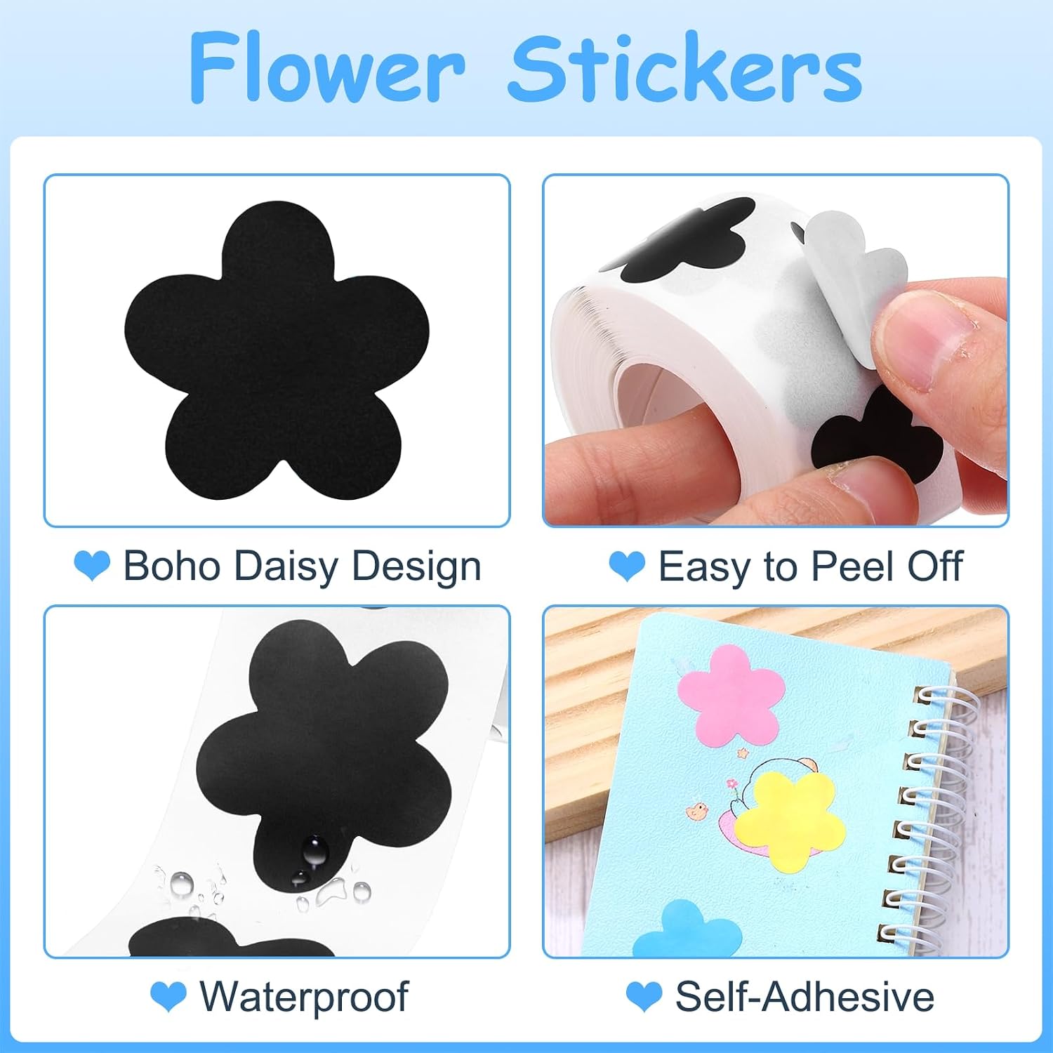 MECCANIXITY 500 Labels Black Daisy Stickers 1 Inch Daisy Shaped Sticker Labels Self-Adhesive Cute Decals for Envelope Valentine's Day Scrapbook Award Charts